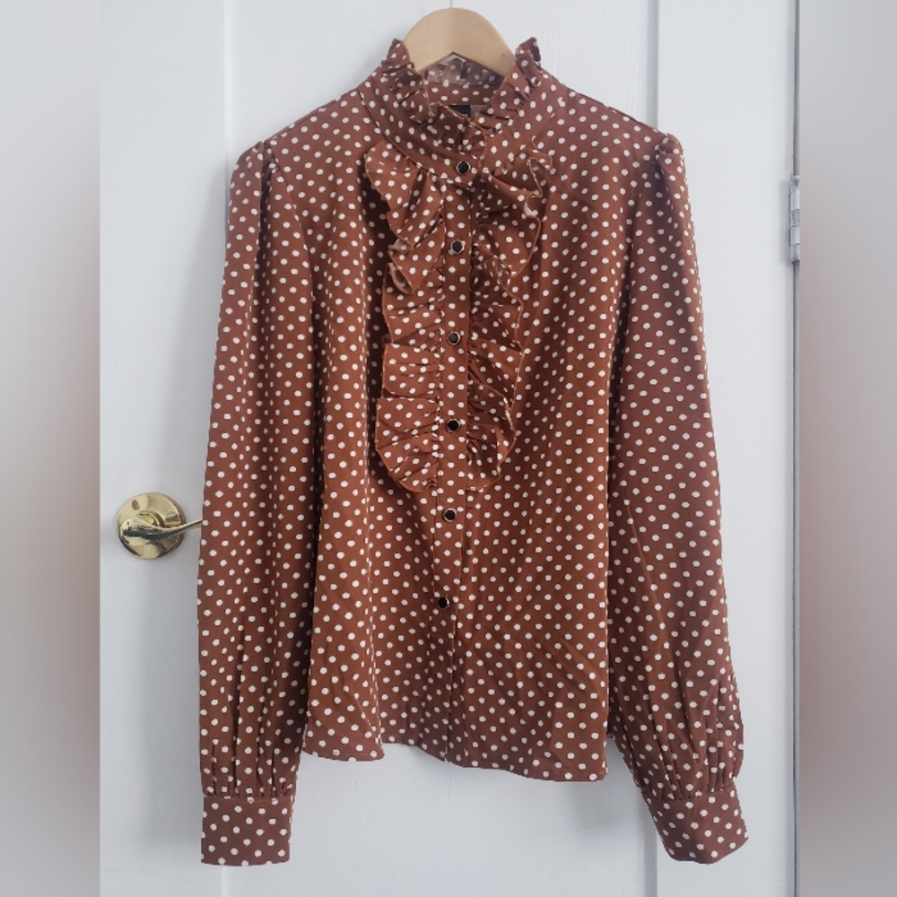 Victorian Inspired Polka Dot Long Sleeve Ruffle Blouse